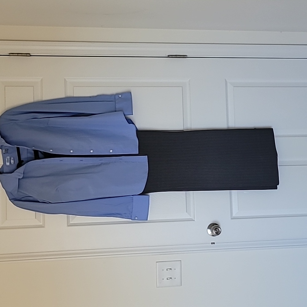 Blue button down shirt & Blue/Grey Vest Pinstripe pants